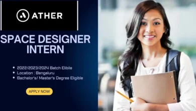 A poster for the Space Designer Intern position at Ather, featuring a smiling woman holding a folder and pencil, alongside details about eligibility and location