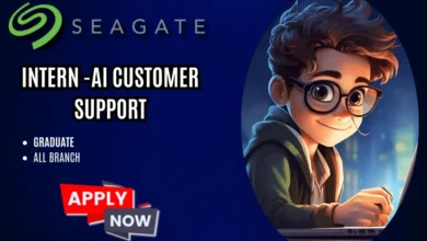 Seagate logo with a banner advertising an 'Intern - AI Customer Support' position. The banner includes details like 'Graduate' and 'All Branch,' along with an illustrated image of a young individual wearing glasses, sitting at a laptop. A red and gray 'Apply Now' button is prominently displayed